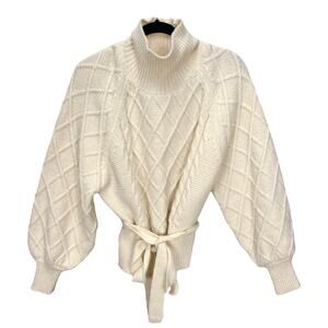 TULAROSA Women's BELTED CABLE KNIT SWEATER Cream Size SMALL